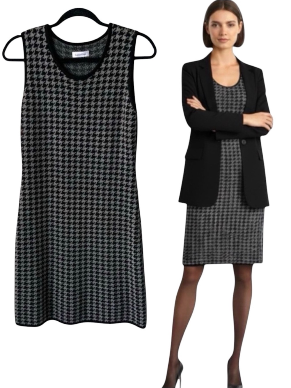 CALVIN KLEIN Houndstooth Sleeveless Sweater Dress Black Gray Medium